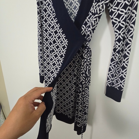 Michael Michael Kors Wrap Dress Womens XS Navy White Geometric Link Office - Picture 5 of 10